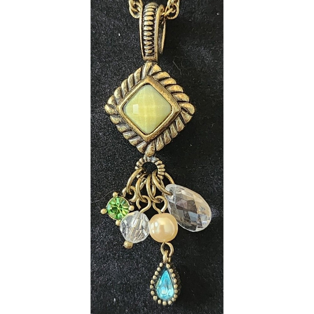 Lia Sophia Gold Tone Green Blue Faux Pearl Tassel Charm Pendant Necklace